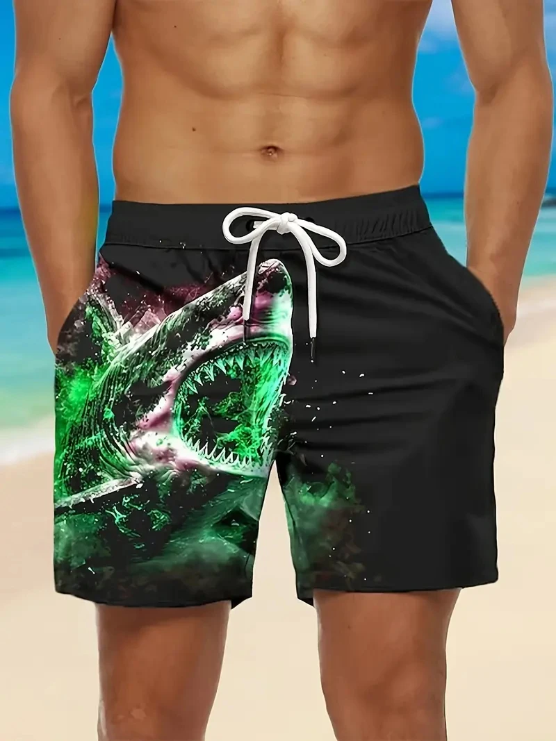 Новые мужские гавайские шорты для плавания с 3D принтом акулы, пляжные шорты, быстросохнущие спортивные шорты на открытом воздухе, модные летние мужские плавки