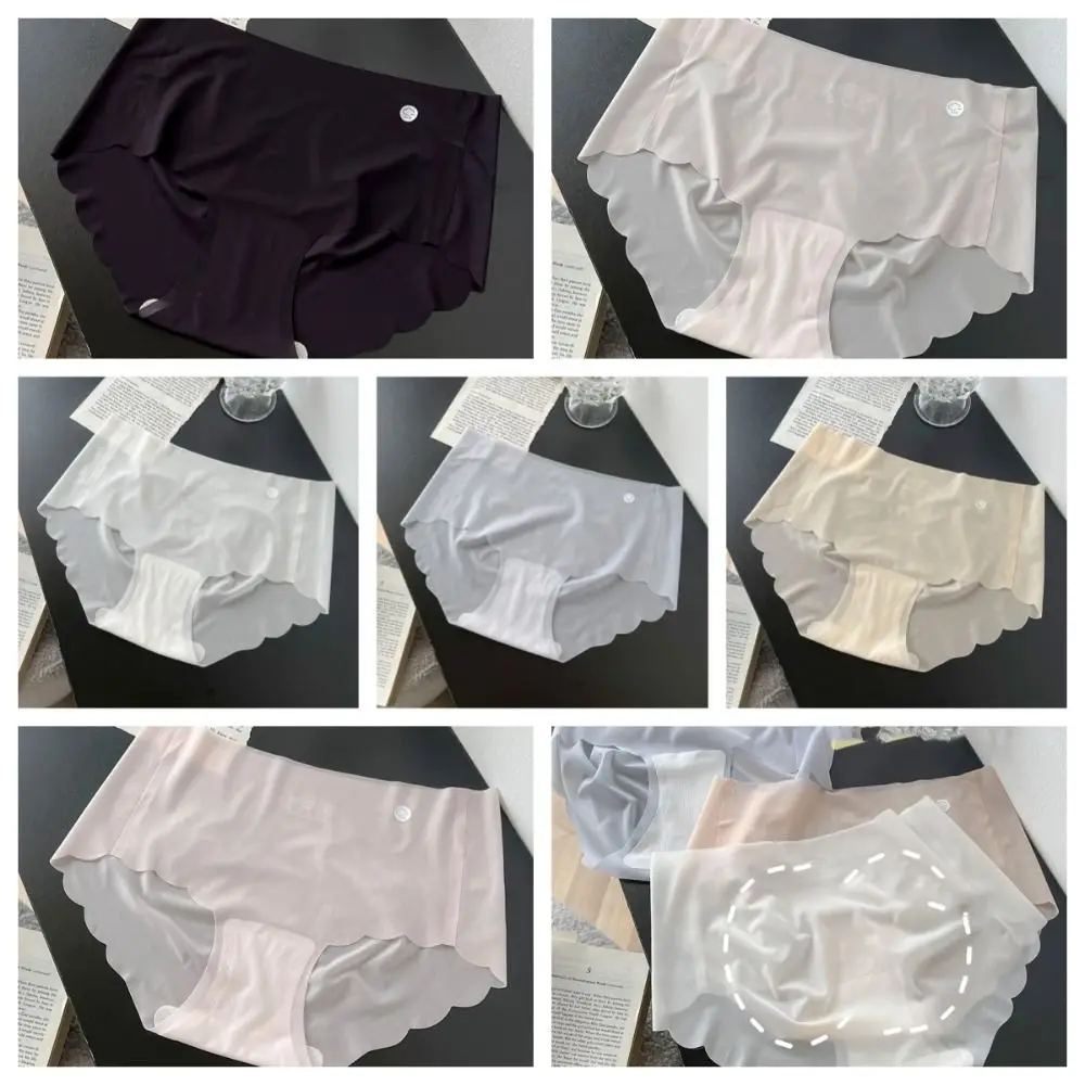 Solid Color Ice Silk Panties Smooth Ultra Thin Soft Middle Waist Briefs Cotton Crotch Panties Seamless Lingerie Female