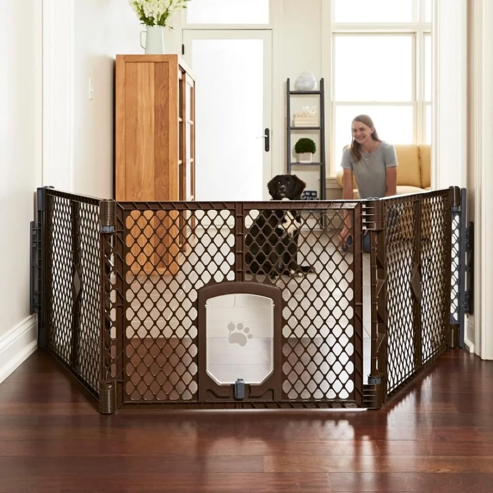 

38.5 Inches To 103.5 Inches Wide Dog Gate, Convenient Dog Fence, 26 Inches High, Brown
