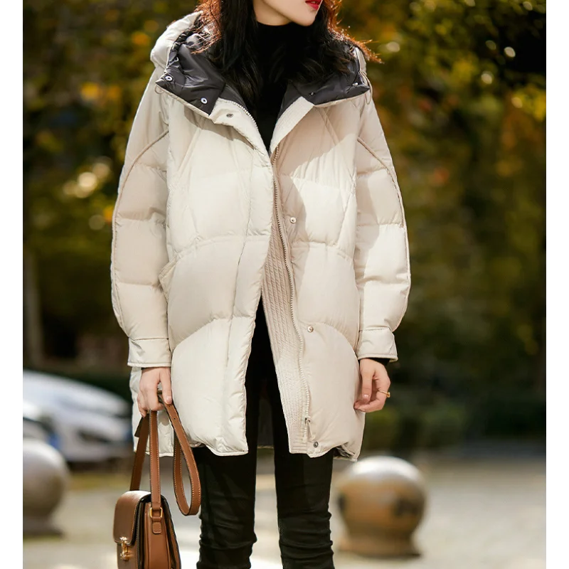 Women 90% White Duck Down Hoodies Jackets Medium-length Soft Warm Winter Light Cocoon Type Double-sided Heterochromatic coats