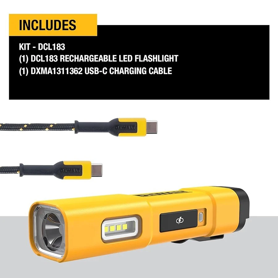 DEWALT DCL183 Portable Rechargeable LED Flashlight Jobsite Work Light with Belt Clip and USB Charging Cable Magnetic Searchlight