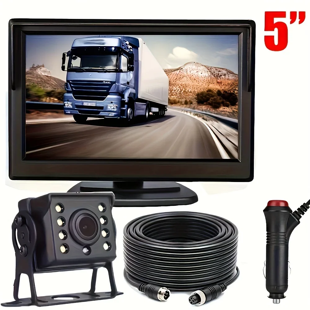 

Car Rear View Backup Camera Kit 5 inch Monitor 10m 4Pin for RV Bus Truck 12V/24V with Double Mount Easy Installation