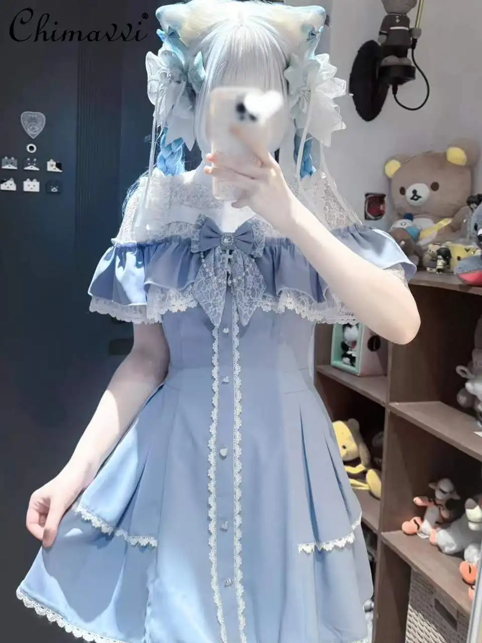 

Original Japanese Style Fashion Bowknot Lace Dress Set New Summer Aqua Blue Lace Outfit Short Sleeve Top Shorts Two-piece Set