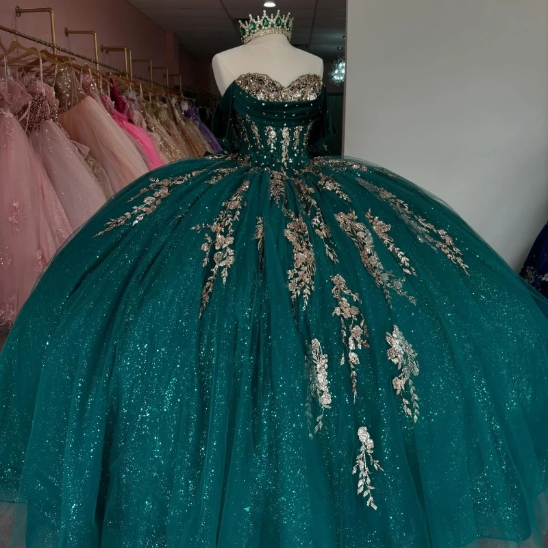 

Customized Blackish Green Shiny Quinceanera Dresses Ball Gown Off Shoulder Appliques Lace Beads Tull Sweet 16 Dress Vestidos 15