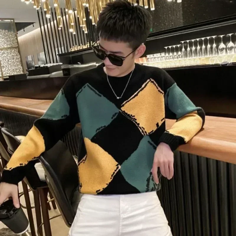 Knitted Sweaters for Men Crewneck Pullovers Man Clothes Plaid Argyle Round Collar Black Overfit X Neck High Quality Replica Mode