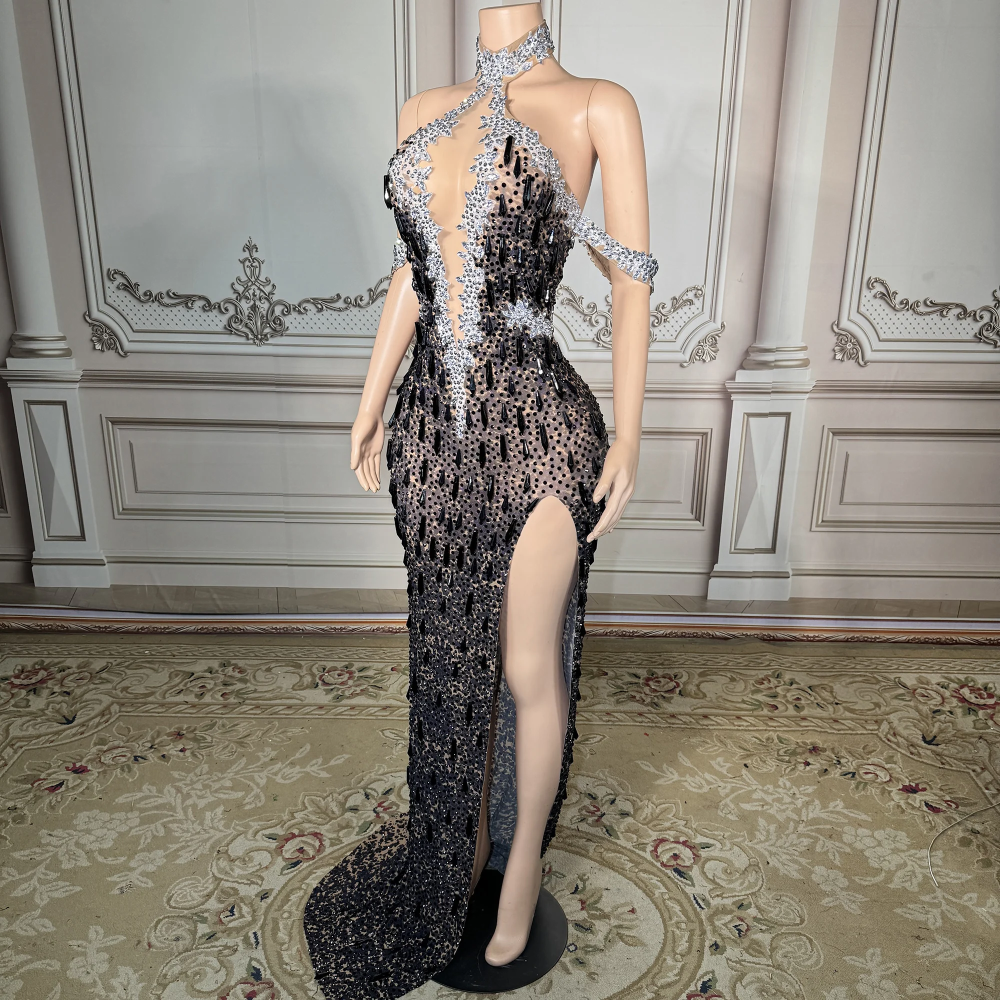 ZD مثير عميق الخامس الرقبة الرسن ثوب مسائي مع شبكة شفافة وأحجار الراين تألق بالإضافة إلى حجم فستان السيدات حجر الراين #3