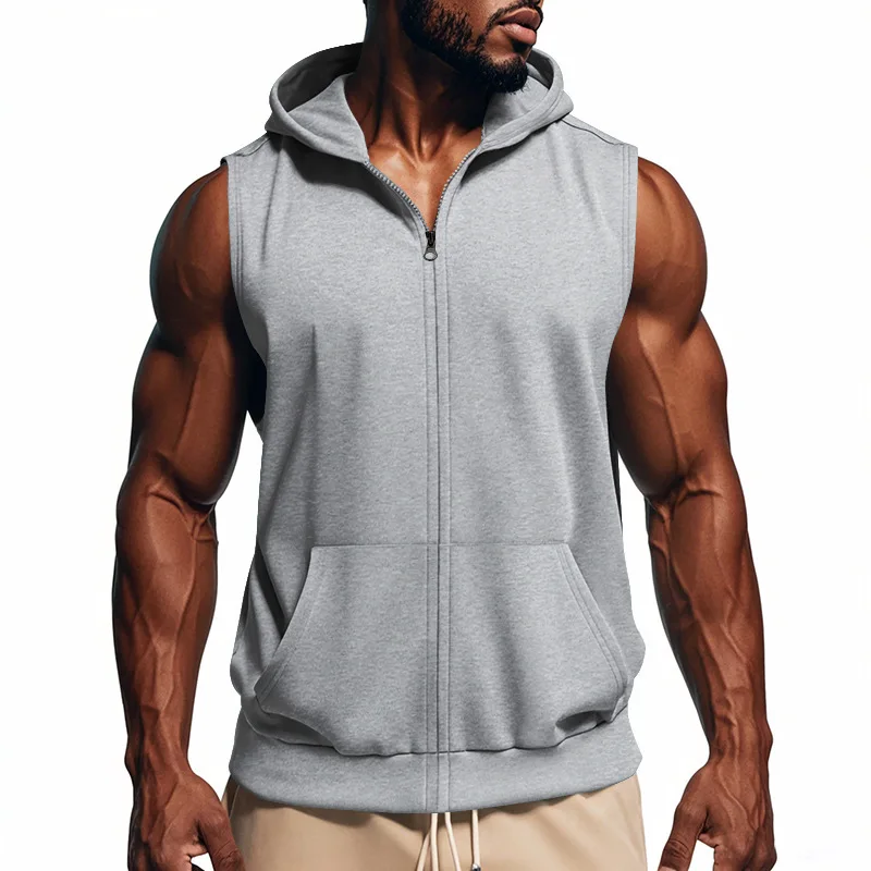 American Summer Neue Kapuzenweste für Herren, Sport, Fitness, Training, Reißverschluss, Strickjacke, ärmellose Weste – Detail 13