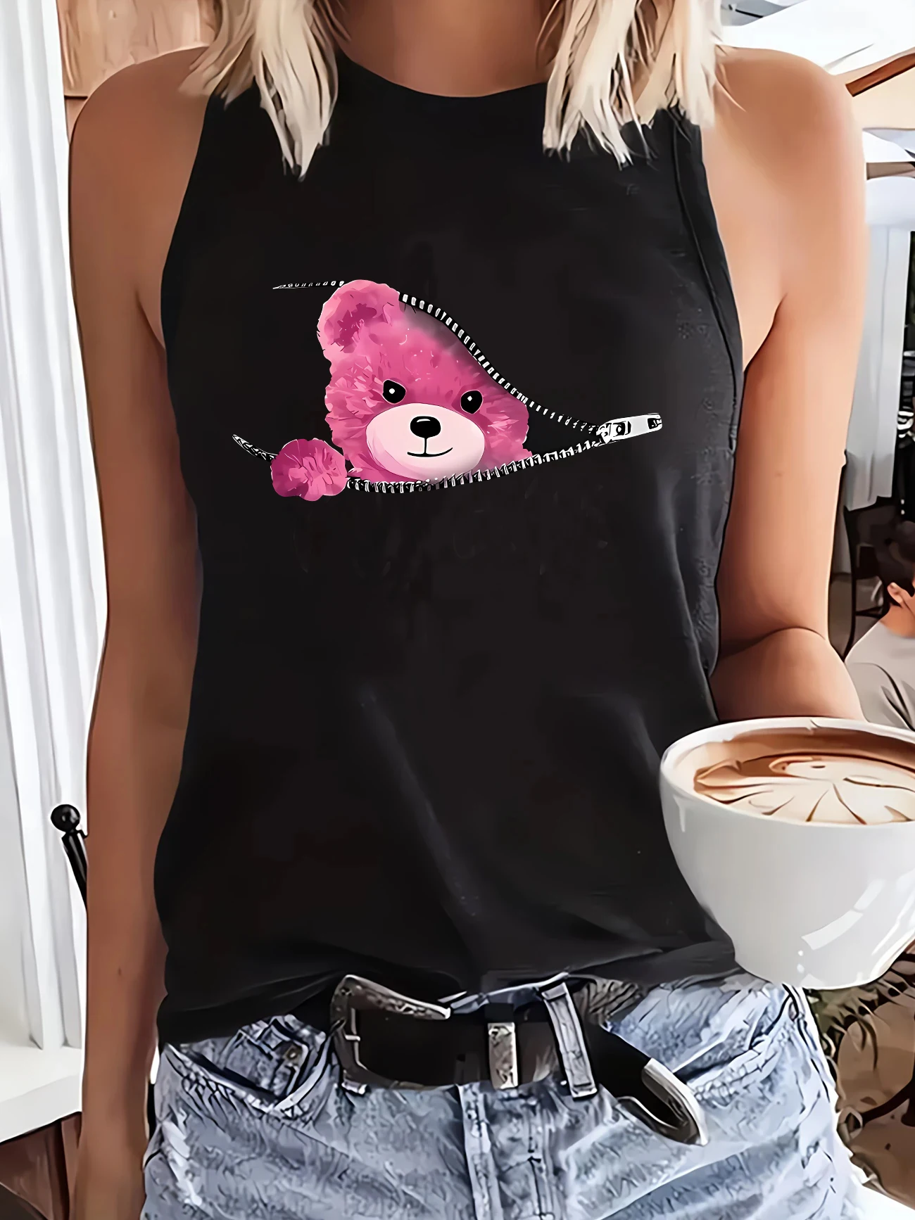 Hip Hop  Bear Tshirt Printed Vest T-shirt Print Tank Top Women’s Sleeveless Crew Neck Casual Top Tee