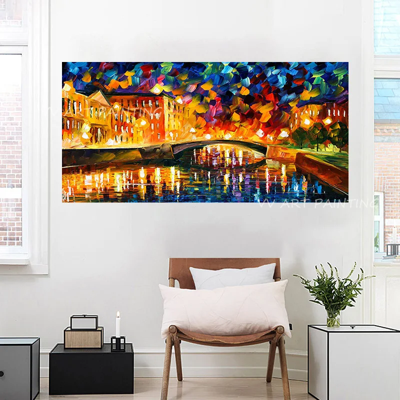 Colorful Knife Bridge Painting, Thick Heavy Texture Night Canal Scene, 100% Handmade Modern Oil Painting, Living Room Wall Decor