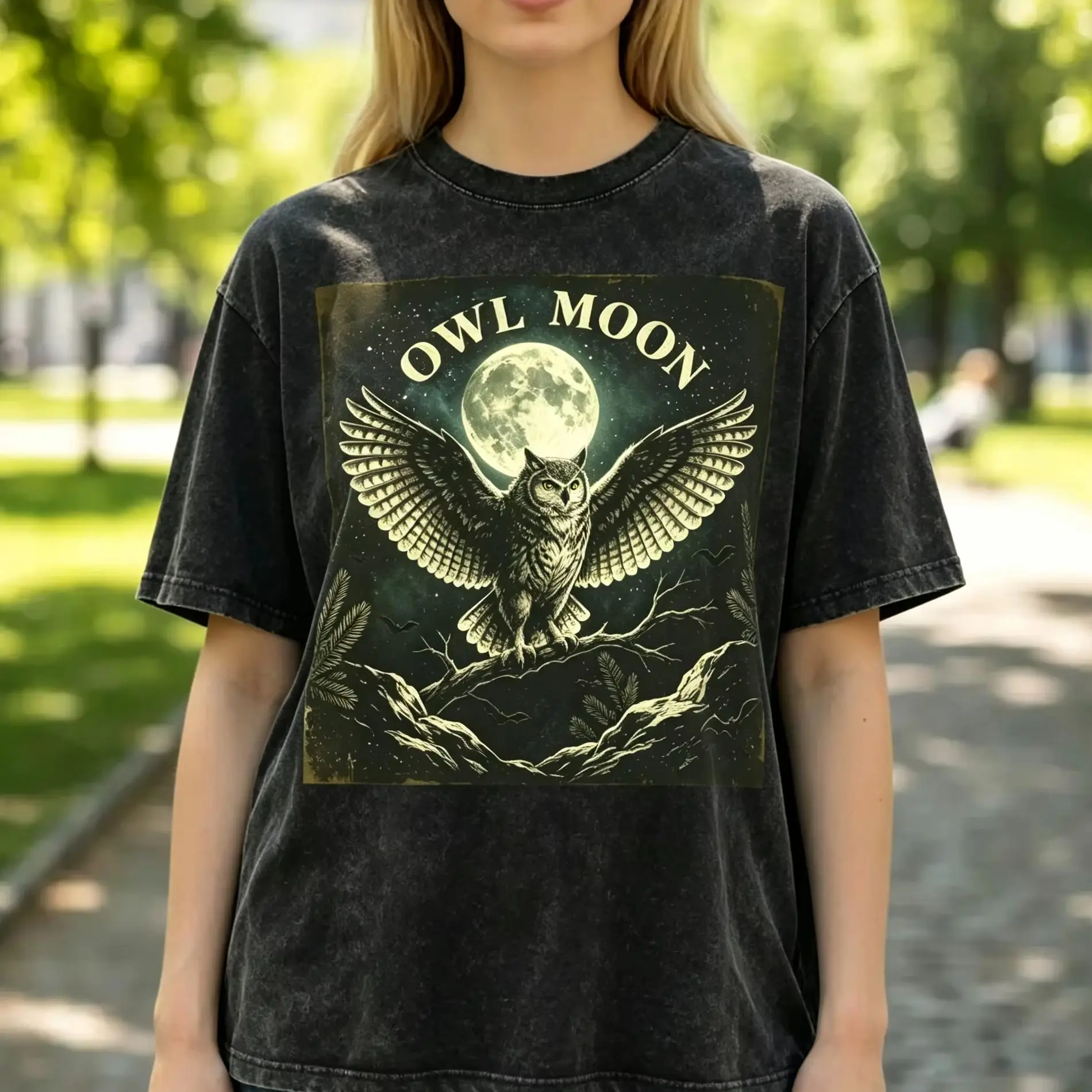 Vintage Washed Owl Moon Graphic T‑Shirt, Retro Dark Forest Nocturnal Animal Print Unisex Short Sleeve Streetwear Tee