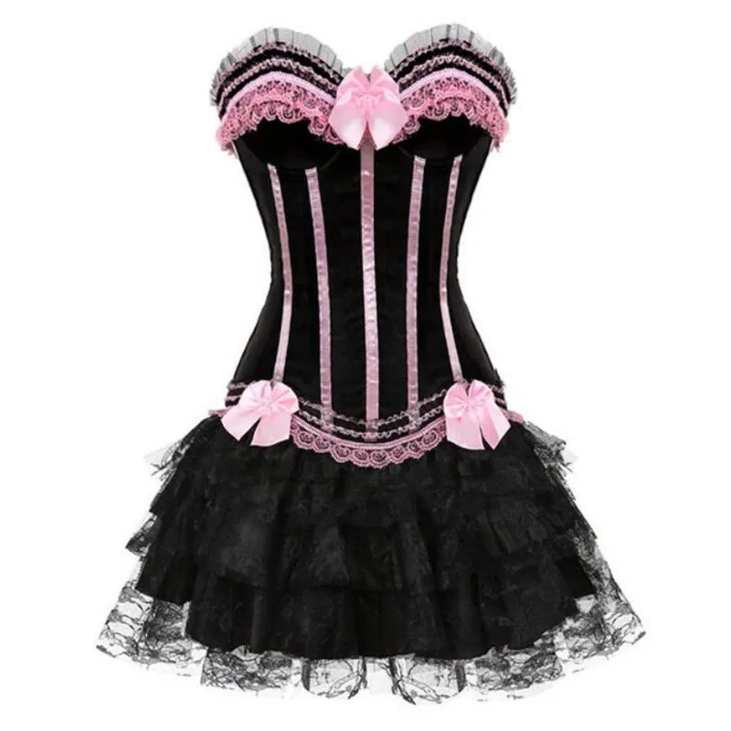 

Полосатые корсеты на шнуровке с цветочным принтом для женщин, сексуальный костюм больших размеров, бурлескный корсет и юбка, комплект, корсет-пачка, платье