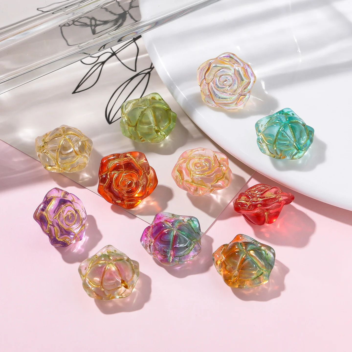5/10pcs Rose Flower Shaped Beads Colored  Loose Glass Spacer Beads for Jewelry Making DIY Bracelet Necklace Accessories