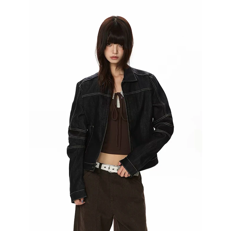 ZHIZOU Autumn Women Black Denim Zipper Jacket Japanese American Retro Y2k Jeans 2000s Short Jacket Cowboy Outwear Tide Punk