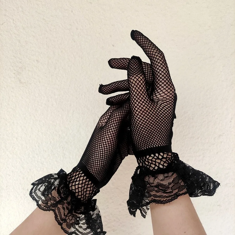 Soft Ruffle Lace Mittens Hollow Out Full Finger Lolita Lace Gloves Mesh Thin Driving Gloves