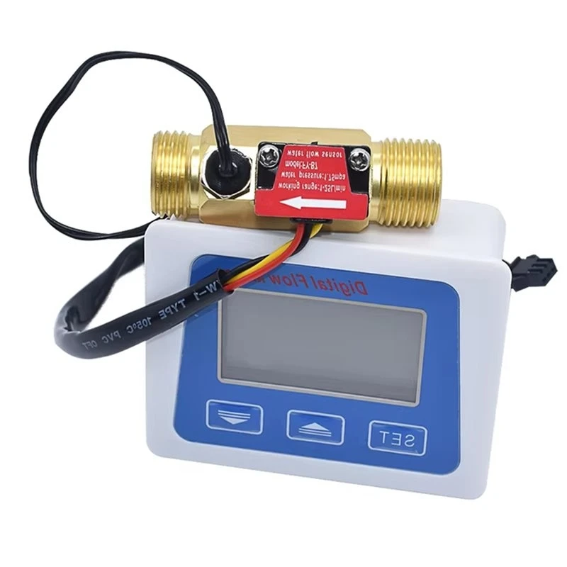 AB42-Digital LCD Display Water Flow Sensor Meter Flowmeter Totameter Temperature Time Record With G1/2 Flow Sensor