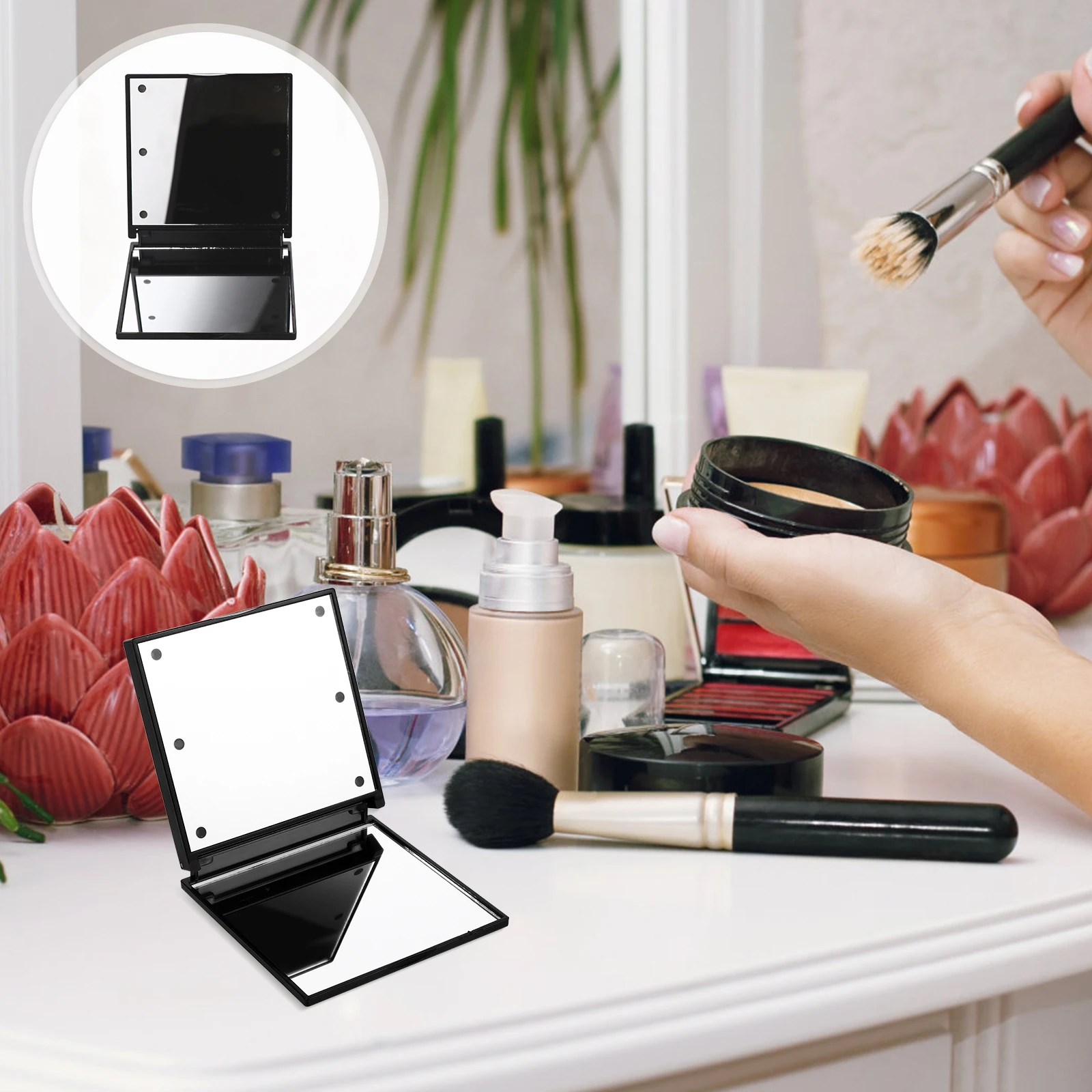 

Portable Foldable LED Makeup Mirror Mini Travel Black Clear High Definition Mirror Surface Durable Safe Creative
