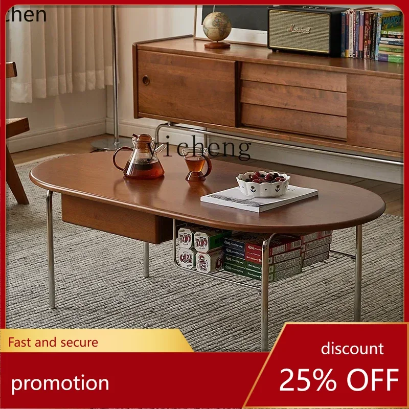 

HXL medieval style coffee table living room stainless steel high-end solid wood retro oval tea table