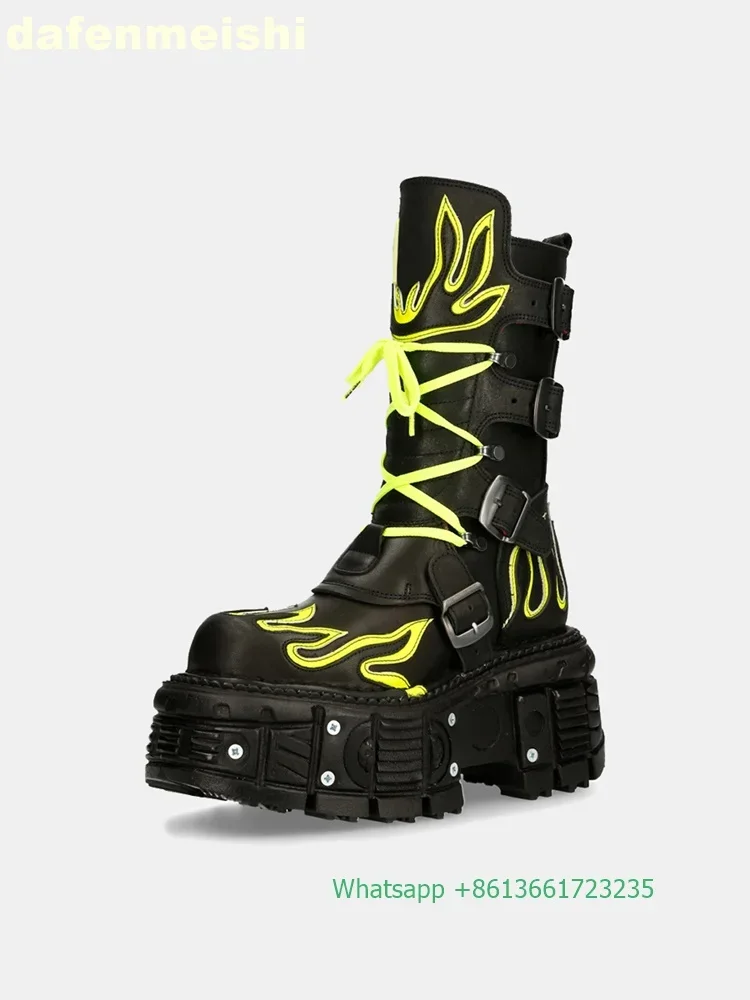 Retro Dark Style Punk Motorcycle Boots Flame Thick-Soled Boots Men/women Fashion Rock Boots Lace Up Belt Buckle Mid-Calf Boots view 4