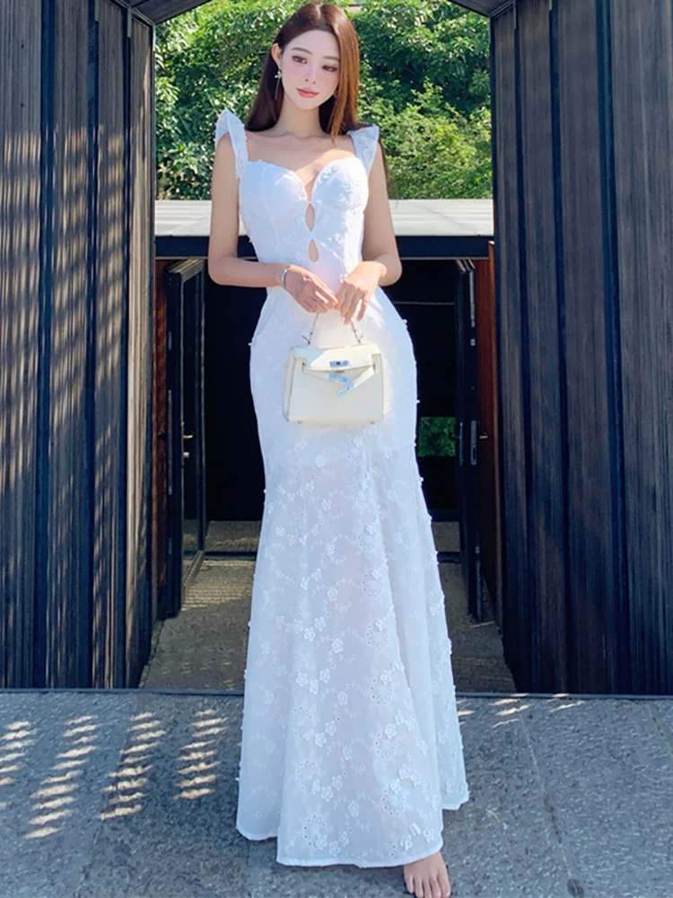 

2025 White Lace Jacquard Floral Long Dress Summer Elegant Square Sexy Sling Dress Women Korean Vintage Luxury Party Night Dress