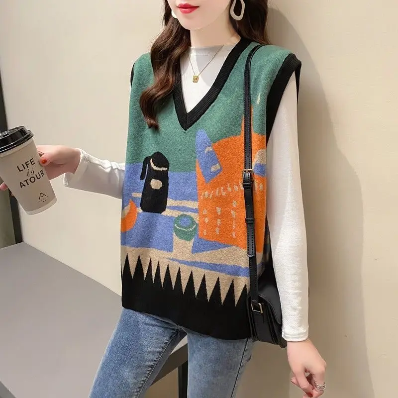 

Loose Sweater Vest Women Autumn Knitted Pullover Print V-neck Sweaters Sleeveless Knit Top Winter Clothes T604