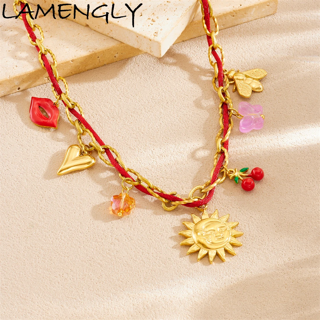 

LAMENGLY 316L Stainless Steel Red Lips Heart Face Sunflower Cherry Bee Pendant Necklace Women Creative Multiple Charm Neck Chain