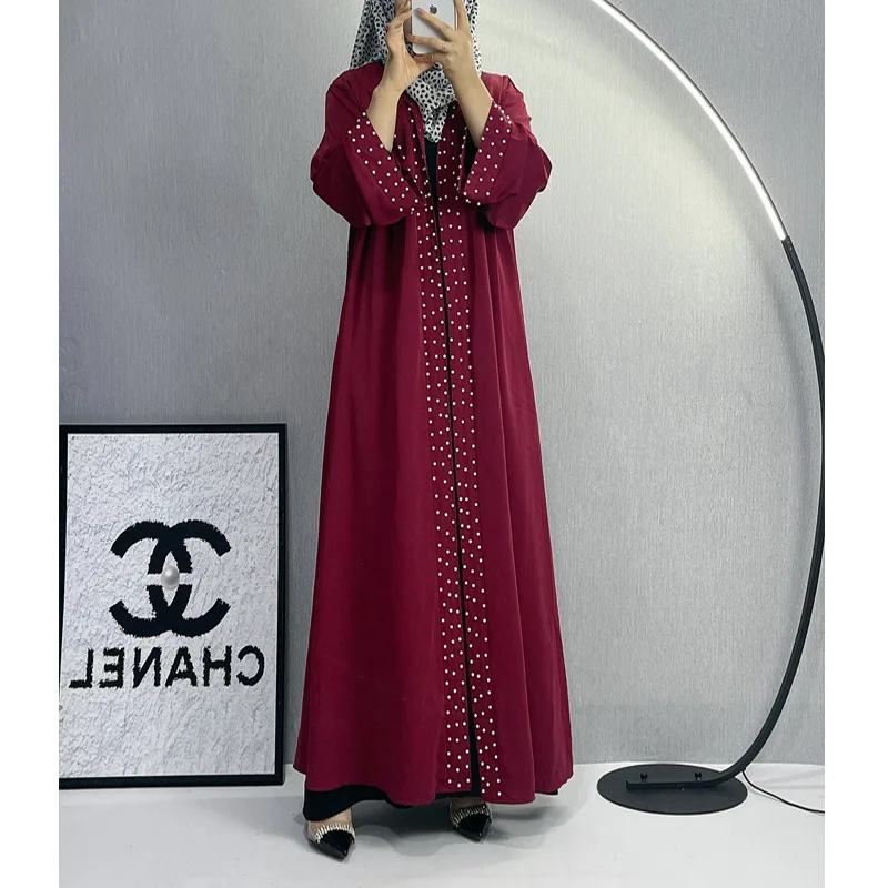 Women Eid Muslim Dubai Beading Abayas Kaftan Vestidos Arab Loose Long Robe Modest Belt Pearl Abaya Ramadan Morocco Cardigan