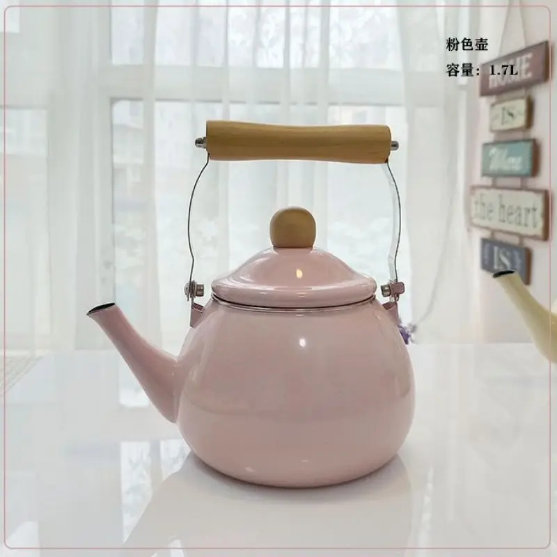 

1.7L Pink Yellow Red White Enamel Boiling Kettle Teapot Milk Flower Tea Wooden Handle Induction Gas Universal