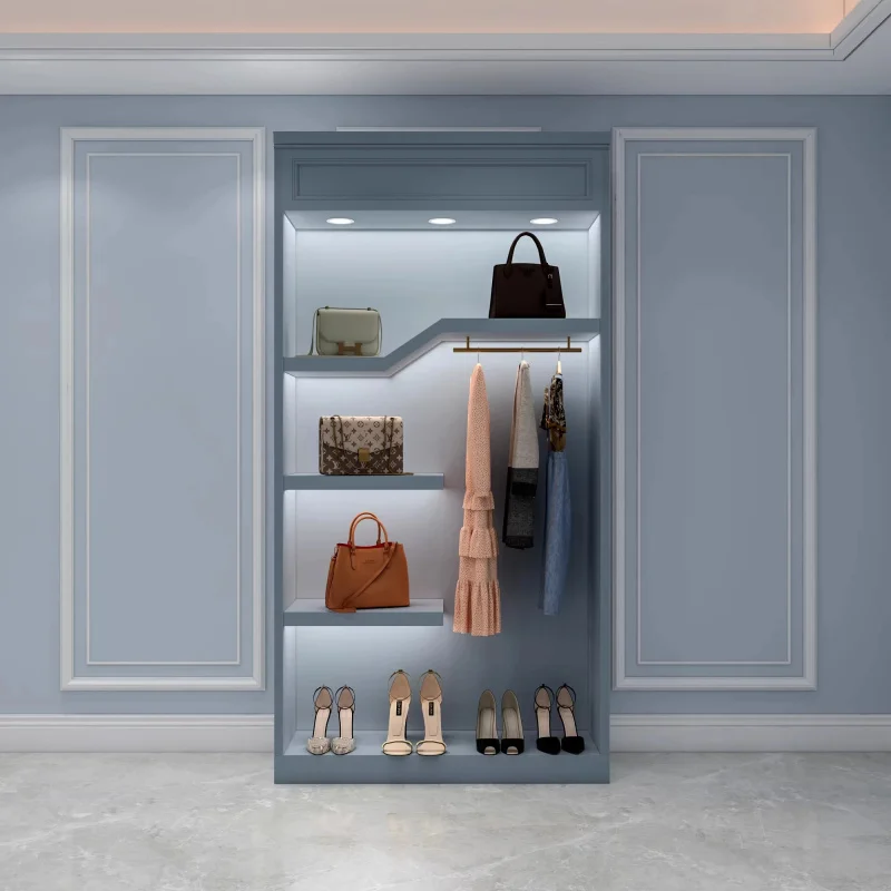 custom.Wooden Handbag Clothing Display Stand LED Lighting Glass Back Heavy Duty Customizable Dimensions Showroom