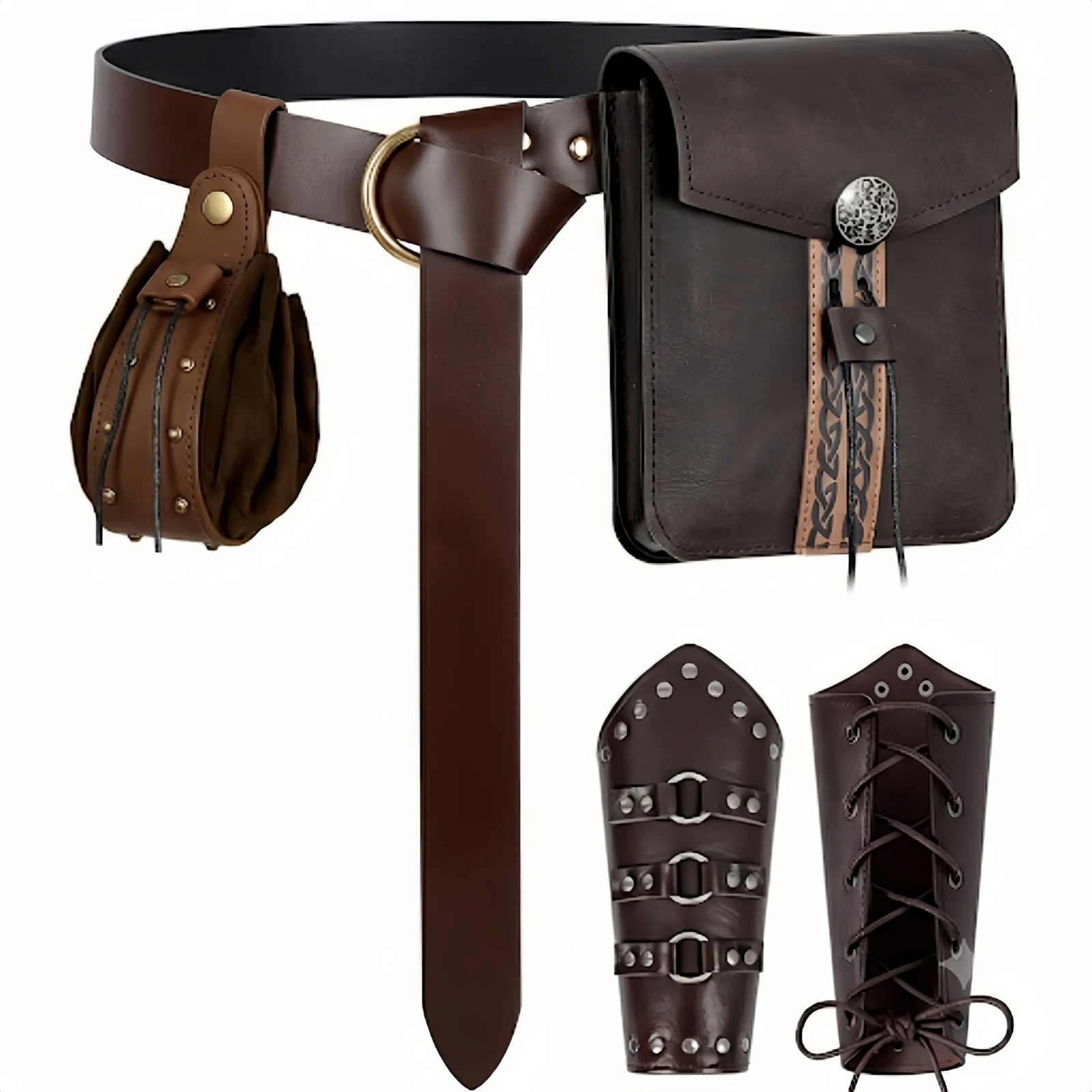 5pcs Renaissance Costume Accessories Leather Belt with Fanny Pack Drawstring Coin Purse Knight Bracers Arm Guards Cosplay Props