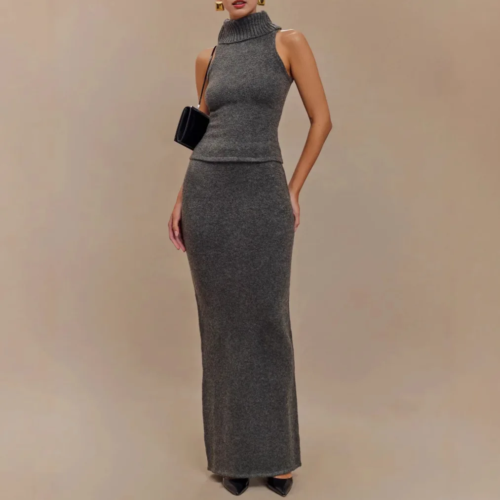 Simple and Sexy Solid-color Knitted High-neck Vest Skirt Set That Is A Bestseller in Cross-border Sales From Europe and America