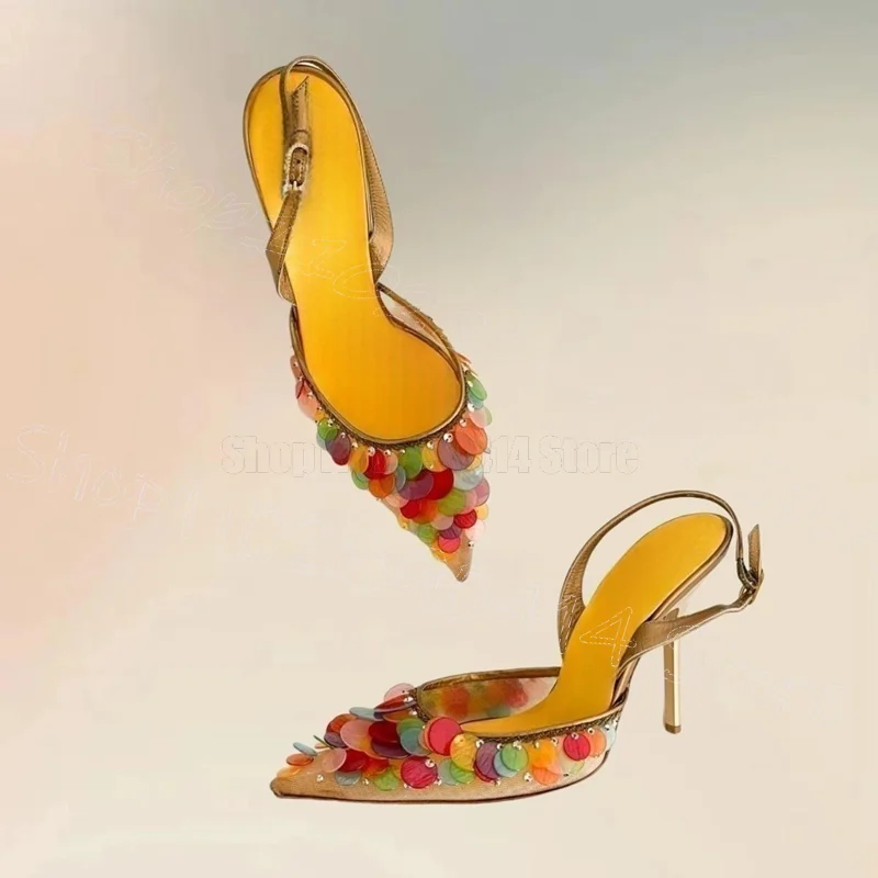 

Colorful Sequins Shallow Pointed Toe Pumps Buckle Strap Women Shoes Thin High Heels Novel Party Feast 2025 Zapatos Para Mujere
