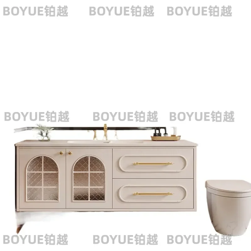 French Retro Rattan Bathroom Vanity Solid Wood Waterproof Washstand Ceramic Integrated Basin Sink Cabinet Storage Unit