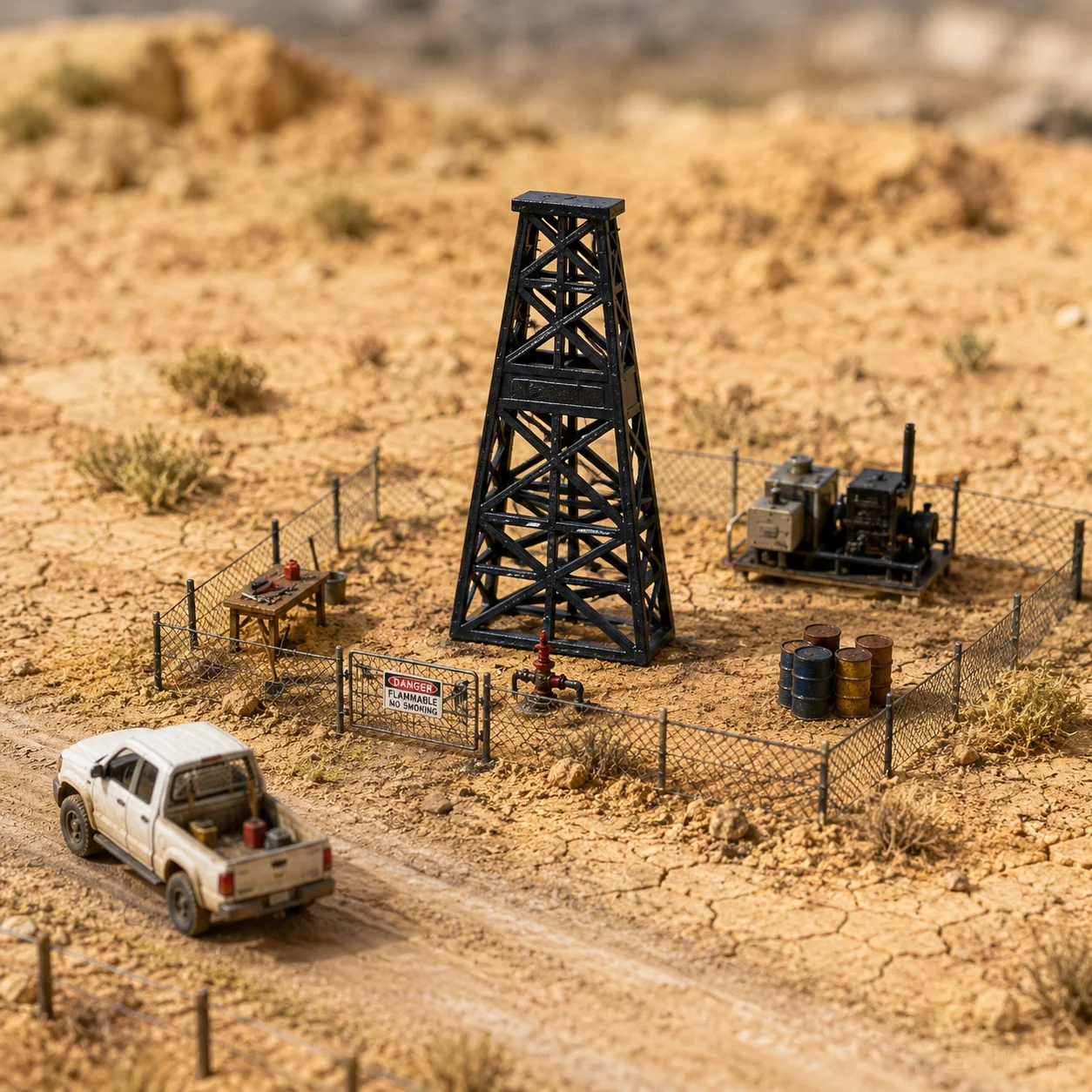 Miniature Oil Well Frame Oil Storage Barrel Set, Mini Industrial Petroleum Equipment Model, Collection for Miniature Enthusiasts view 2