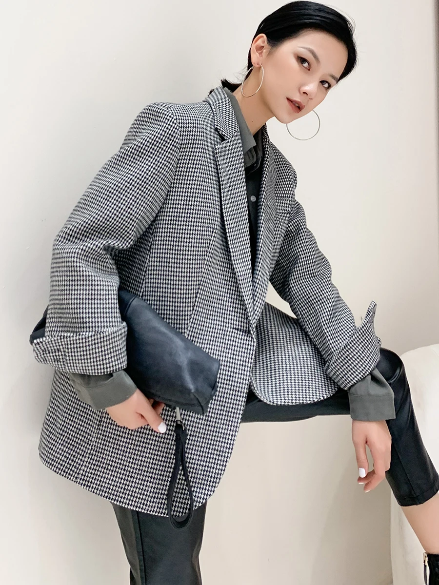 

Women's Plaid Suit Jaet Casual Briti Sle Loose Fit Autumn Faion DianThia Wool Blend Long Sve One Button Coat