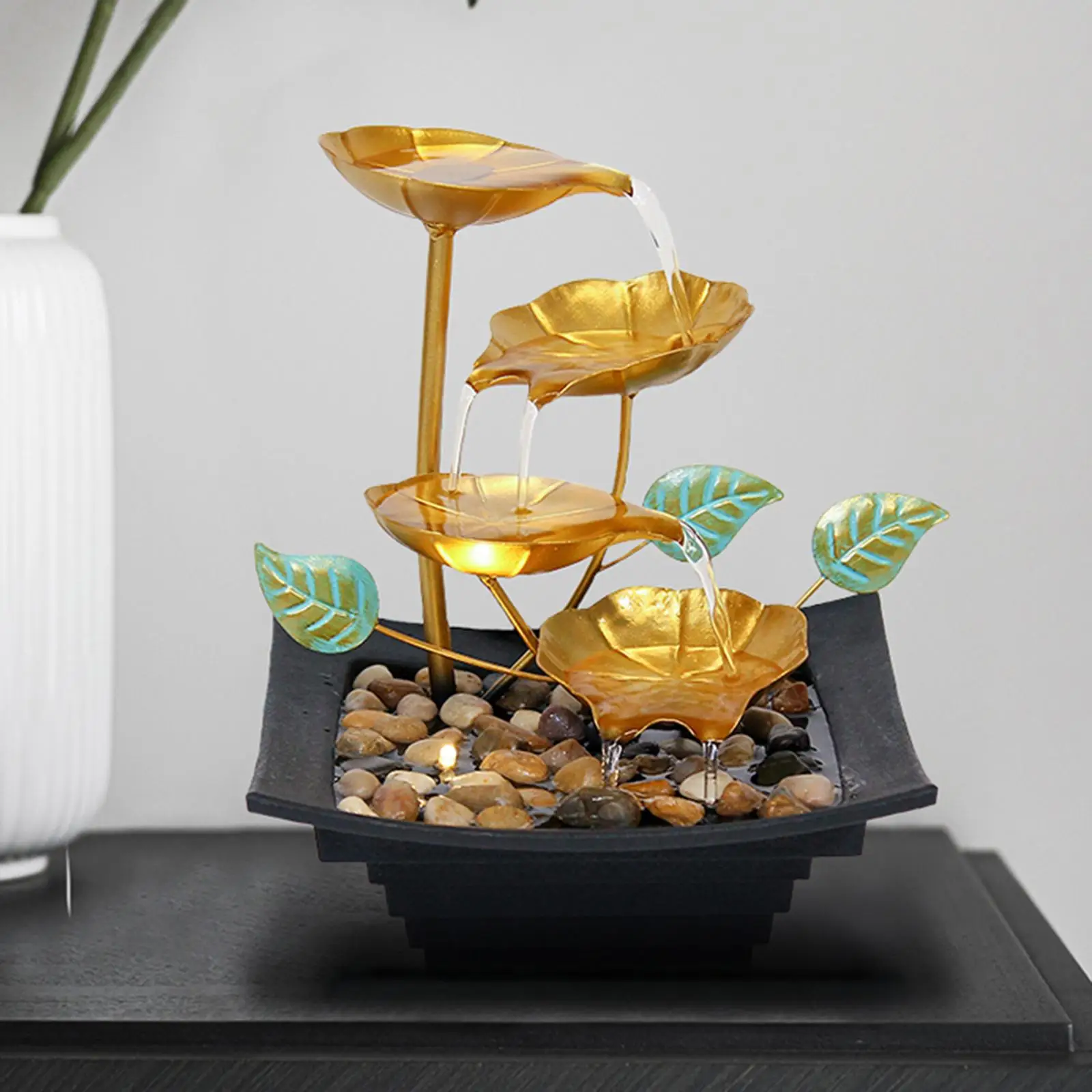 Lotus Leaf Tabletop Fountains Natural Rocks and Warm Yellow Light for Patio Tabletop Desktop Indoor Decor Feng Shui Ornament