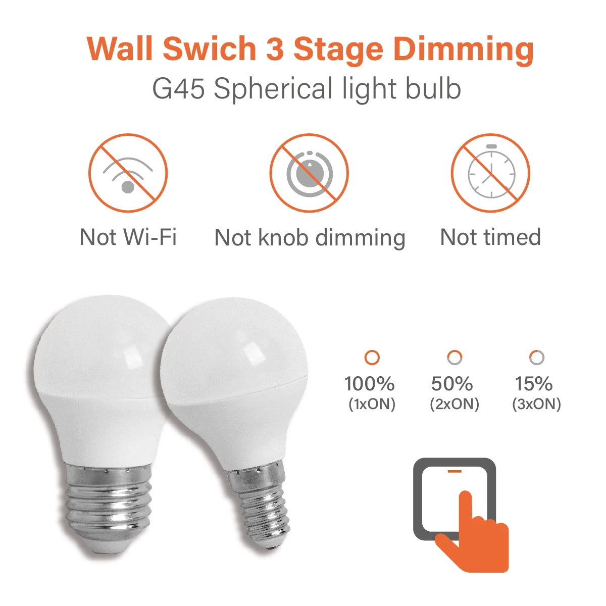 E14 E27 G45 MINI LED Bulb, 3‑Way Dimmable 100% 50% 15% Bright, CRI80 Controlled by Wall On‑Off Switch for Floor Bedside Lamp