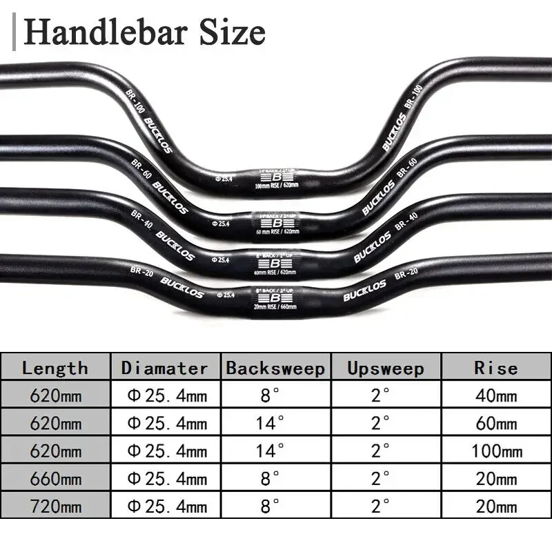 BUCKLOS 31.8*720/780mm Handlebar 90mm Hi-Riser MTB DH Bike Bar 25.4mm Riser 60/100mm U-shaped Bicycle Handle Bar 620mm Cycling