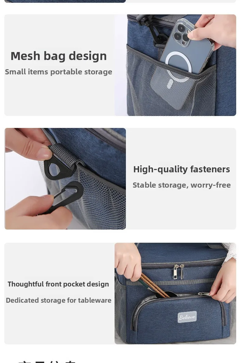 Isolierte Tasche, große Picknicktasche für den Außenbereich, isolierte Umhängetasche aus Oxford-Stoff, verstärkte Kühltasche mit Aluminiumfolie. – Detail 8