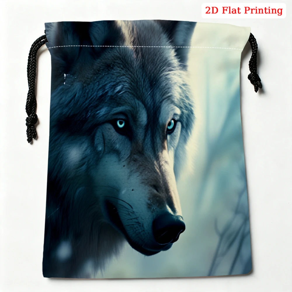 1pc Wolf Pattern Drawstring Bag Blue 2d Flat Printing Storage Small Pouch For Glasses Cosmetics Travel Organizer Portable Gift