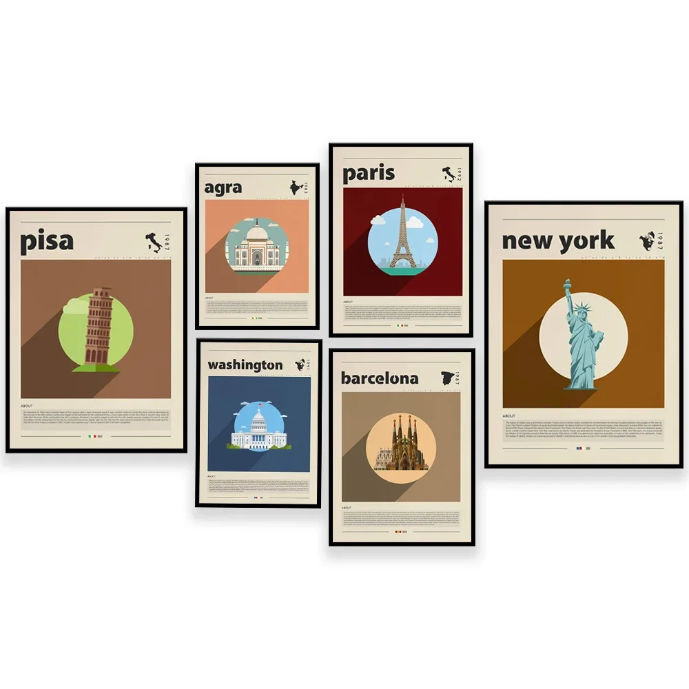 

Washington, New York, Huairou District of China, Paris, Agra, India, Barcelona city tourism poster, minimalist printing