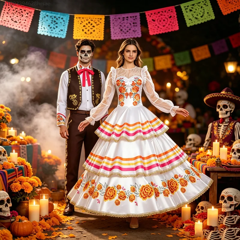 Mexikanisches Tag-der-Toten-Paarkostüm, Vintage-Outfit für Männer, Blumenkleid für Frauen, langes Kuchenkleid, Karneval, Halloween-Party, Cosplay-Anzug