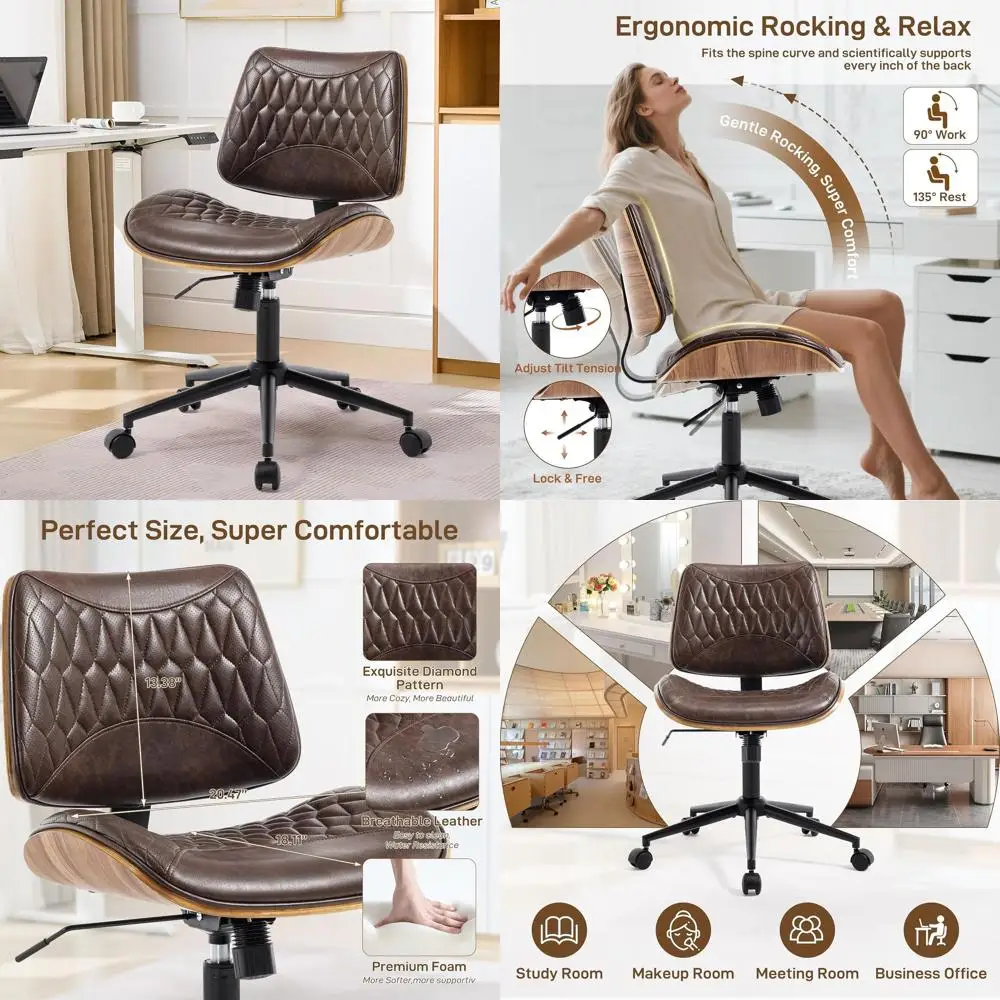 

Adjustable PU Leather Swivel Chair with Wheels, Modern Armless Desk Chair for Home Office, Study, Dark Brown