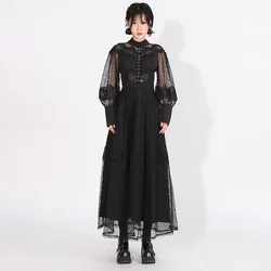 Stand Collar Solid Hollow Out Patchwork Embroidery Elegant Dresses for Women Lantern Sleeve High Waist Women Summer Dress Female