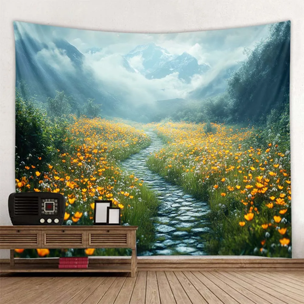 Snow Mountain Flower Mist Forest Wall Tapestry - Home Bedroom Headboard Living Room Sofa Decorative Hanging Cloth