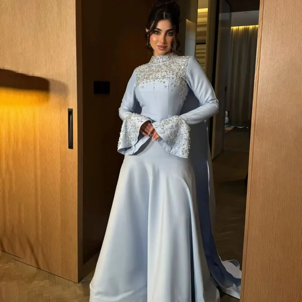 

Customized Evening Dress Gorgeous Long Sleeve Prom Dresses Ruched Formal Occasion Shining Beading Party Gown Robe Soiree