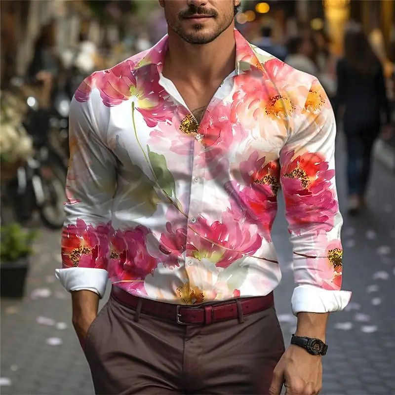 2024 New Rose Casual Men\'s Shirts Daily Wear Spring Outing Lapel Long Sleeve Shirts Valentine\'s Day Tops