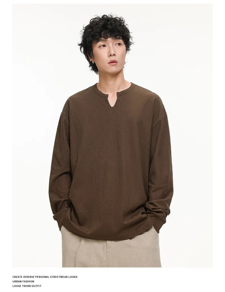 PFNW Versatile Solid Color Casual Base Shirt Men's V Neck Textured Long Sleeve T Shirt 2026 Autumn New Tide 28L3528
