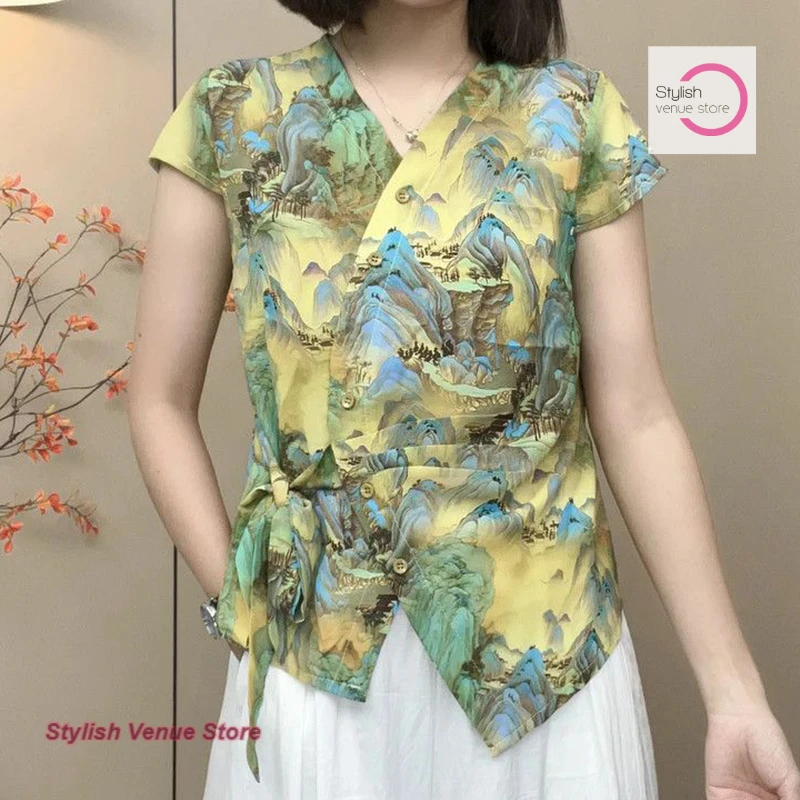 

Summer new temperament fashion printed pleated lace-up thin blouse female Chinese elegant landscape painting casual Joker shirt
