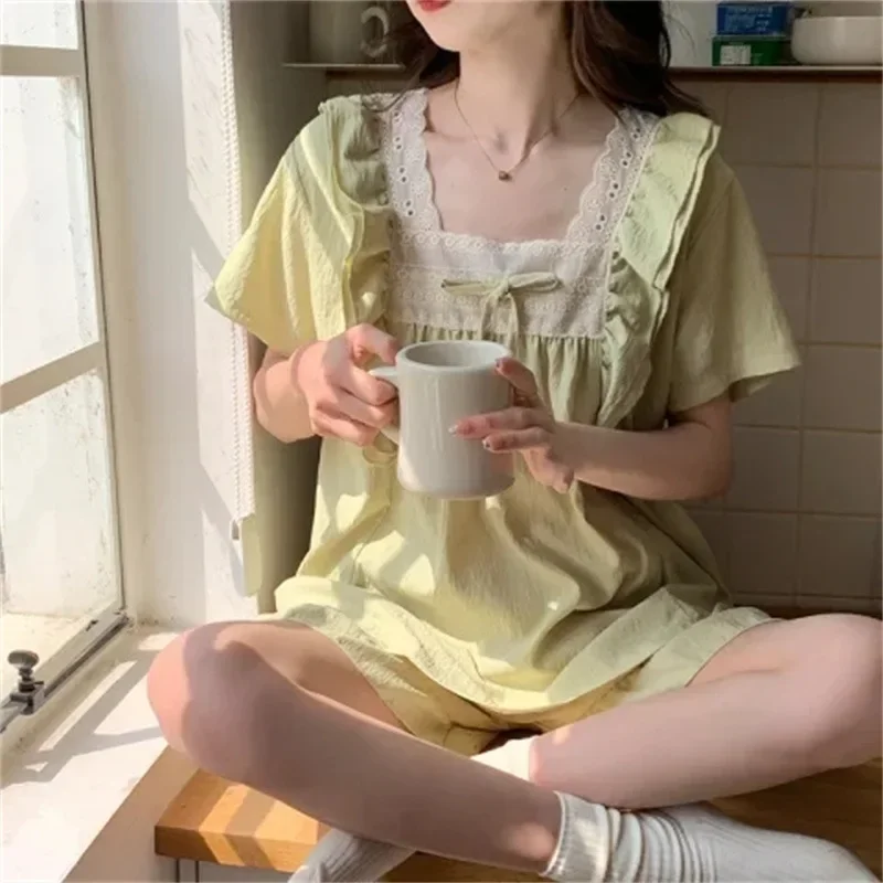 2XL Large Size Princess Style Summer Pajamas Women Cloud Cotton Short-sleeved Shorts 2 Piece Set Loose Home Clothes Loungewear