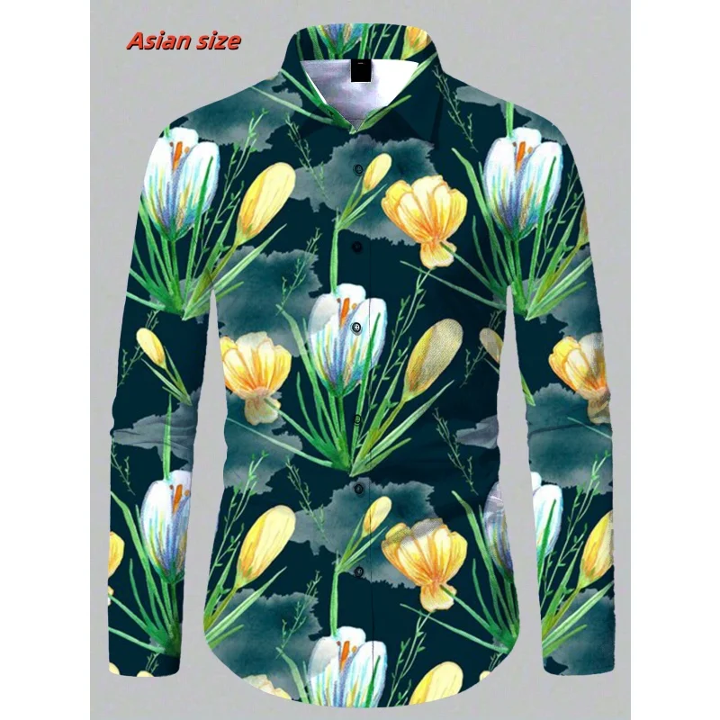 Bird Rabbit Pineapple Pattern Hawaiian Shirts For Men Flowers Leaves 3D Printed Blouse Casual Loose Aloha Shirts Long Sleeves